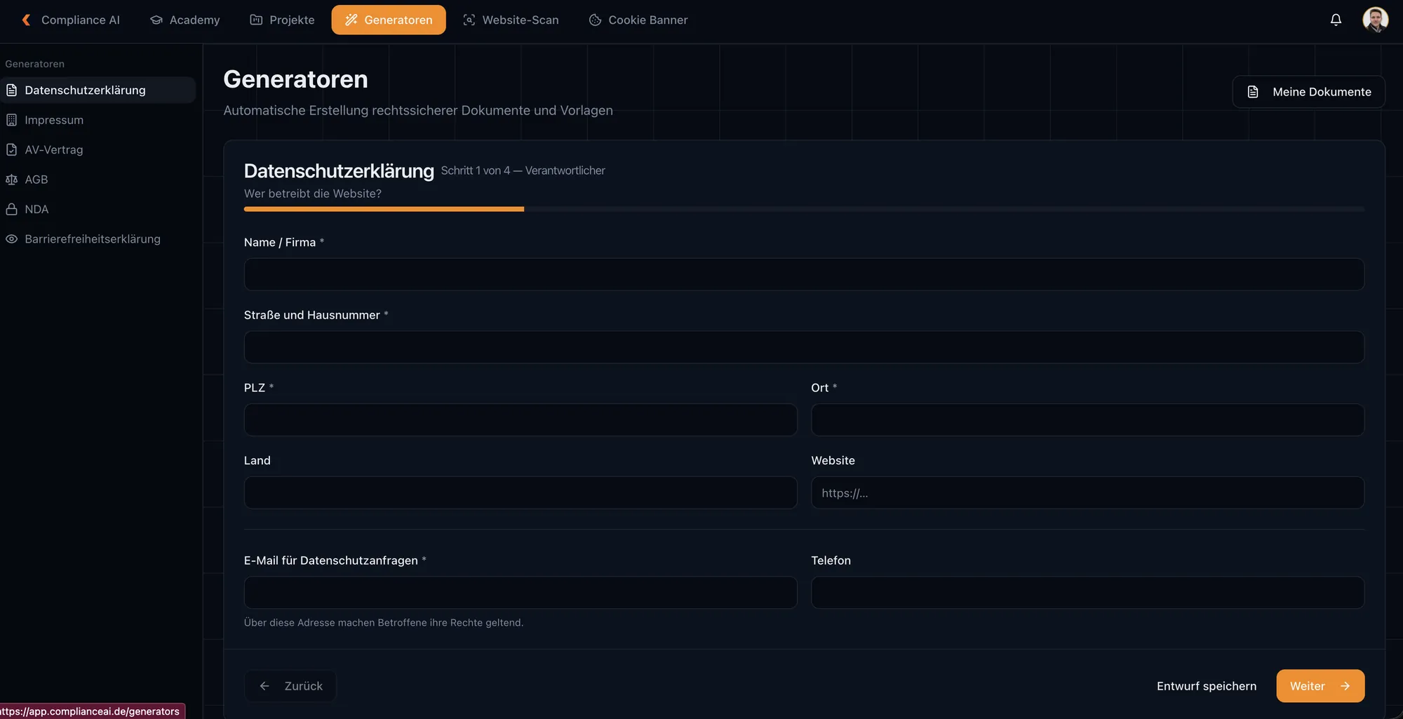 Der Generator für die Datenschutzerklärung, Schritt 1 von 4 mit Angaben zum Verantwortlichen.