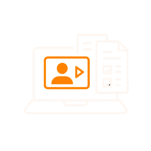 Illustration eines Laptops mit orangem Bildschirm, darauf ein Webinar-Symbol und zwei Dokumente.