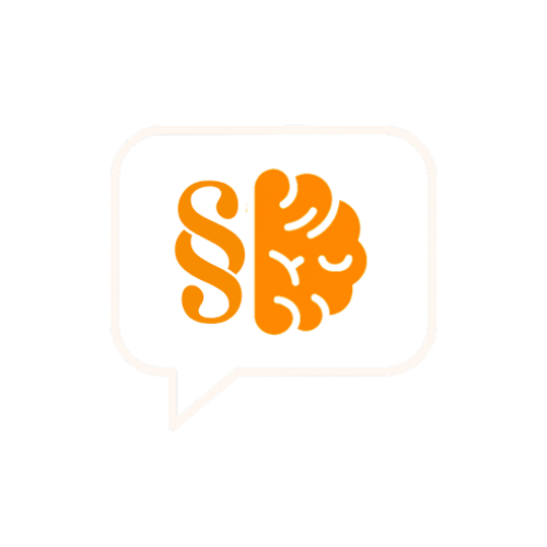 Illustration einer Chat-Bubble mit einem orangefarbenen Gehirn, das in ein Paragrafen-Symbol übergeht.