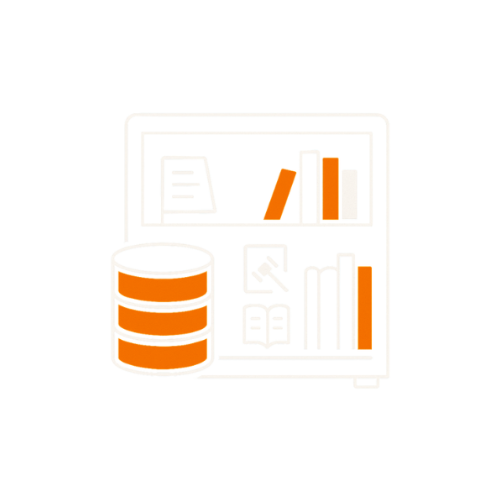 Illustration eines Bücherregals mit orangefarbenen Büchern und einem Datenbank-Symbol.